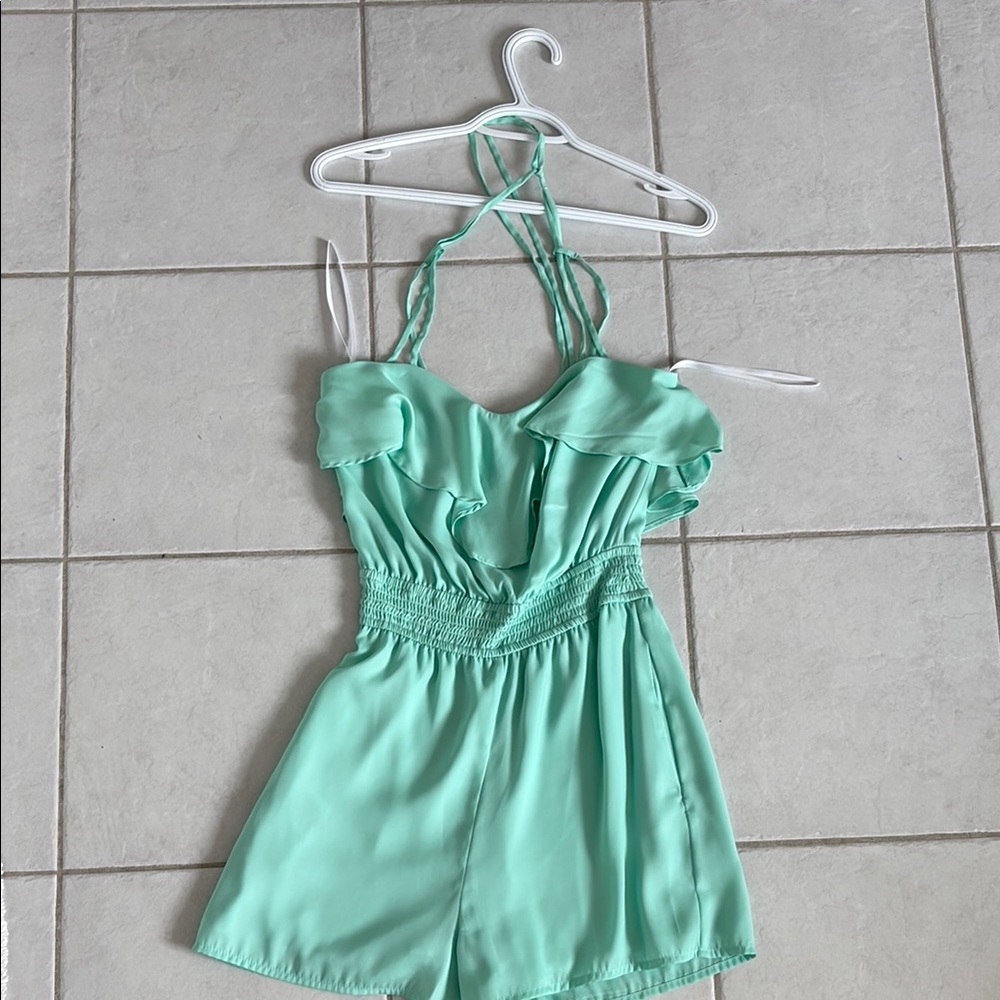 BCBGeneration Green romper with Strappy halter top and Blouson Waist